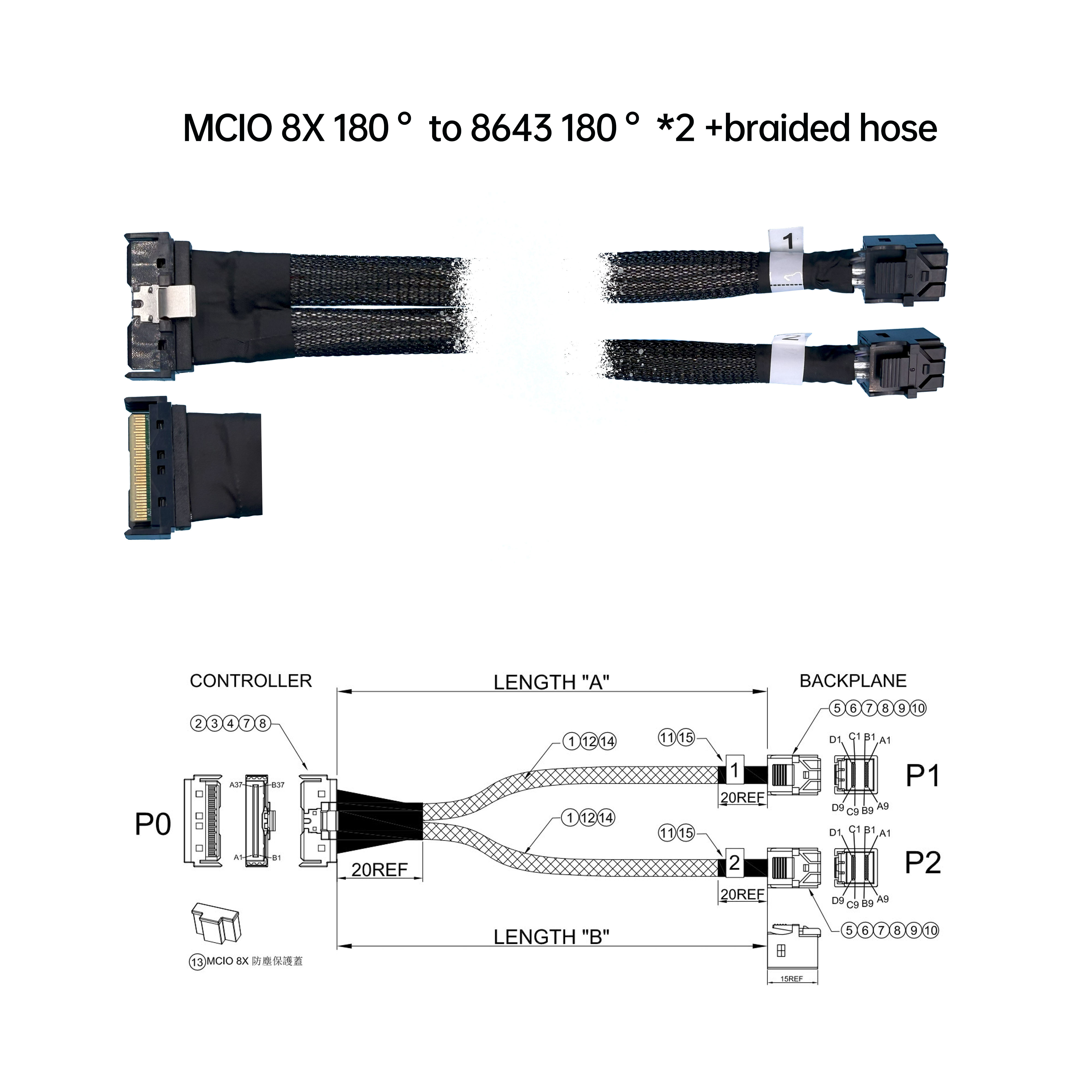 MCIO 8X 转 SFF-8643 连接线_180度直头服务器高速线缆 PCIe 5.0_烨兴电子 Suntecc