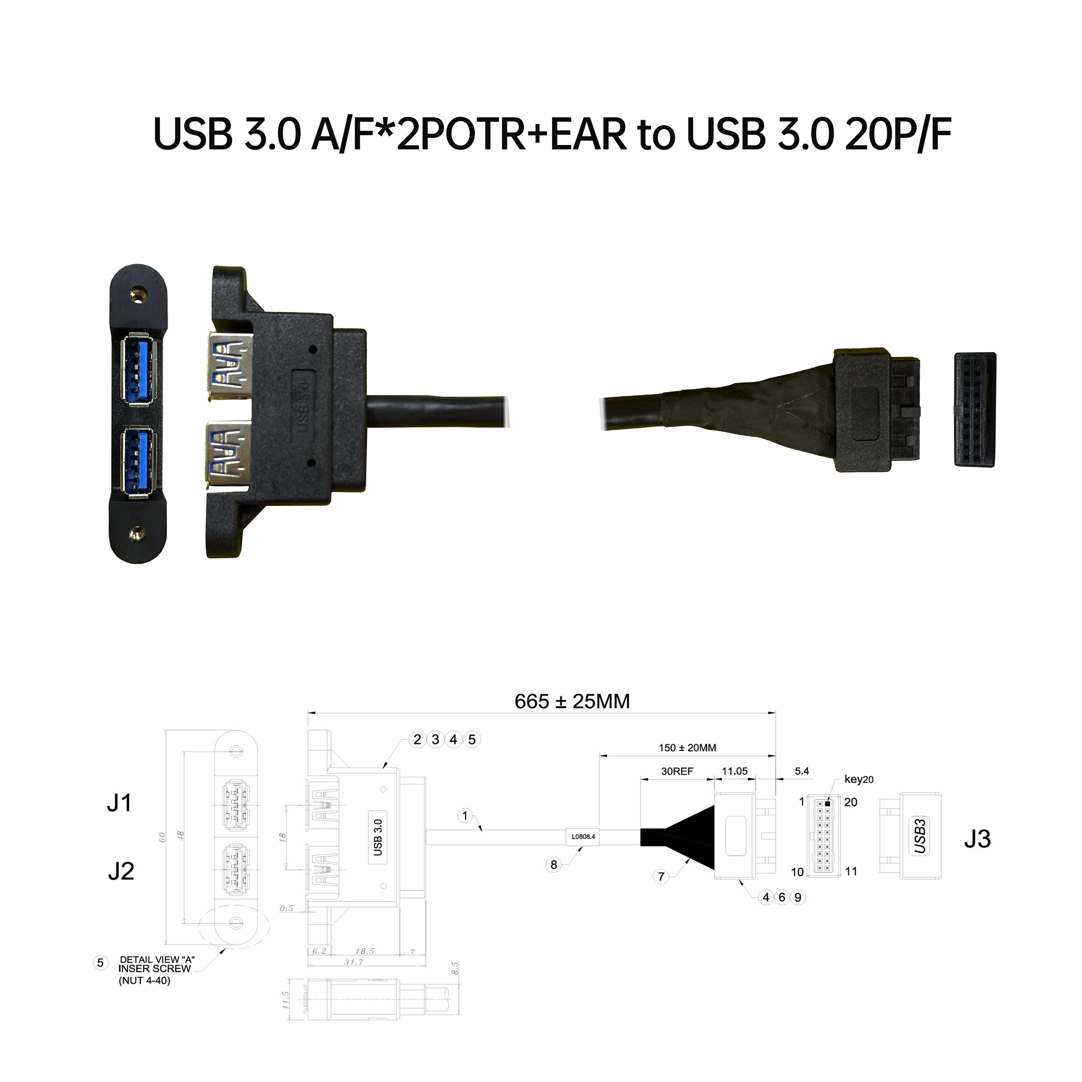 USB 3.0 A/母*2POTR+EAR 对 USB 3.0 20P/母