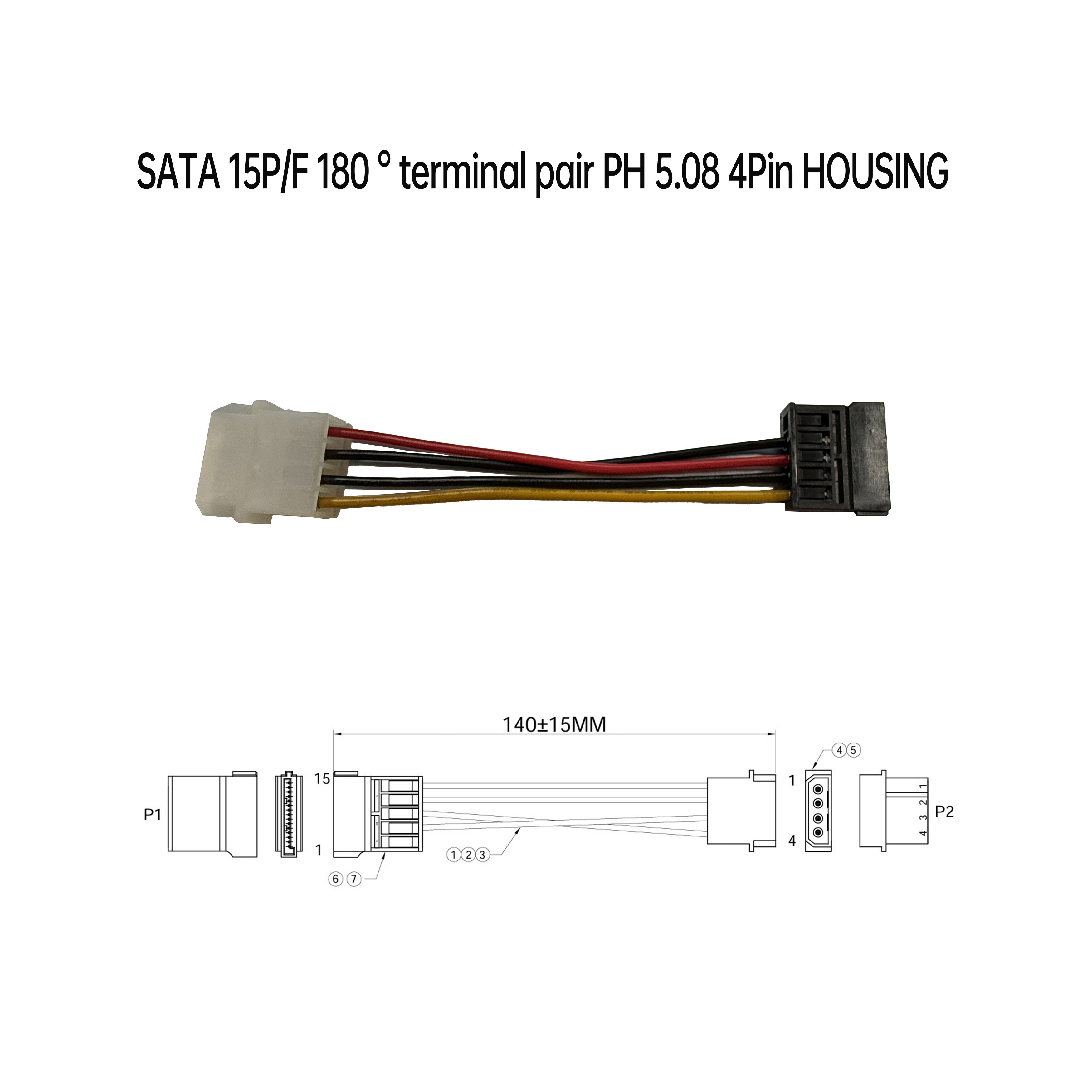 SATA 15P/母 180°打端子 对 PH 5.08 4Pin HOUSING