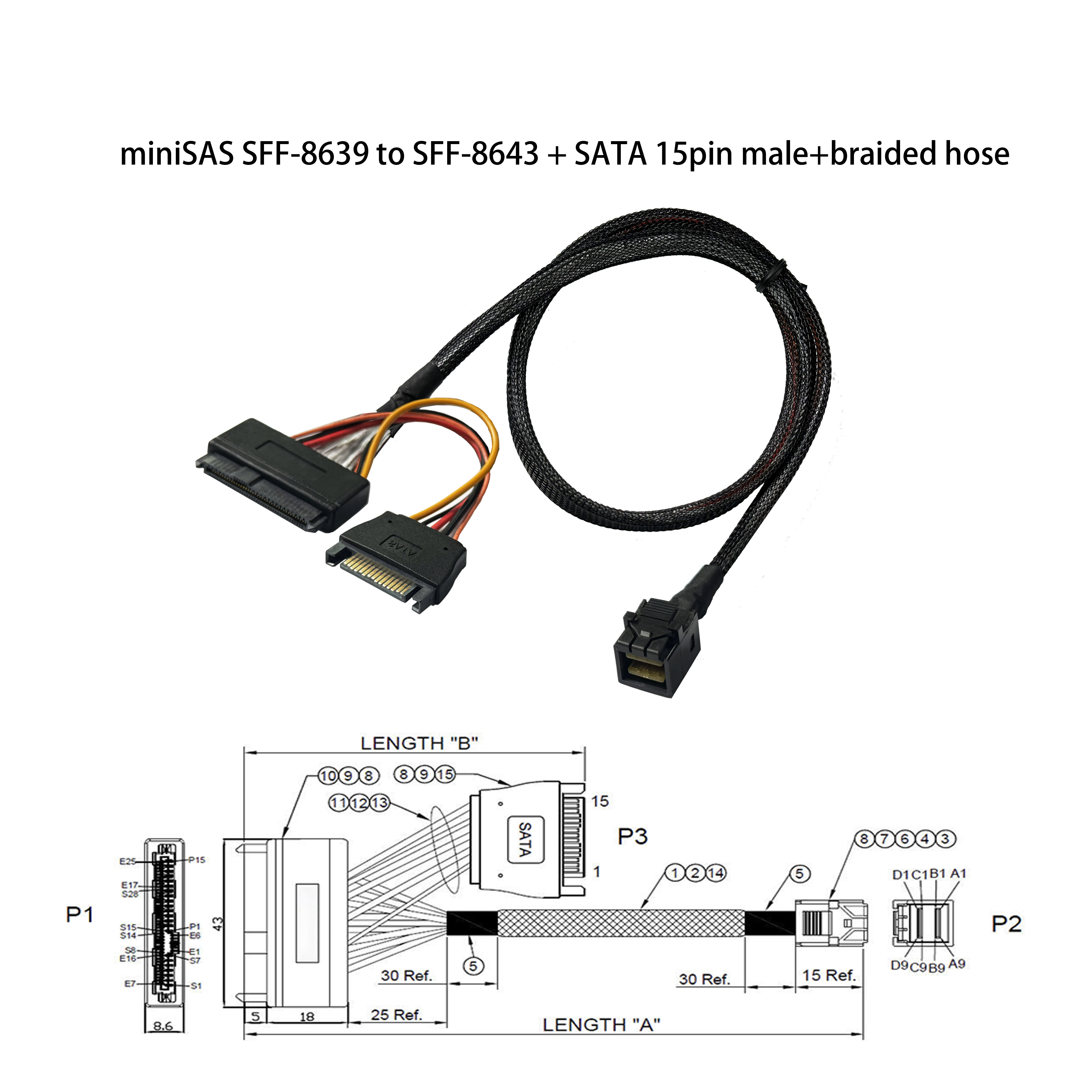 miniSAS SFF-8639轉SFF-8643+SATA 15p公 +編織網管