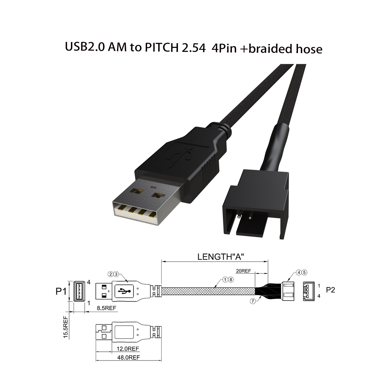 风扇线USB2.0 A公转 PITCH 2.54  4Pin +编织网管