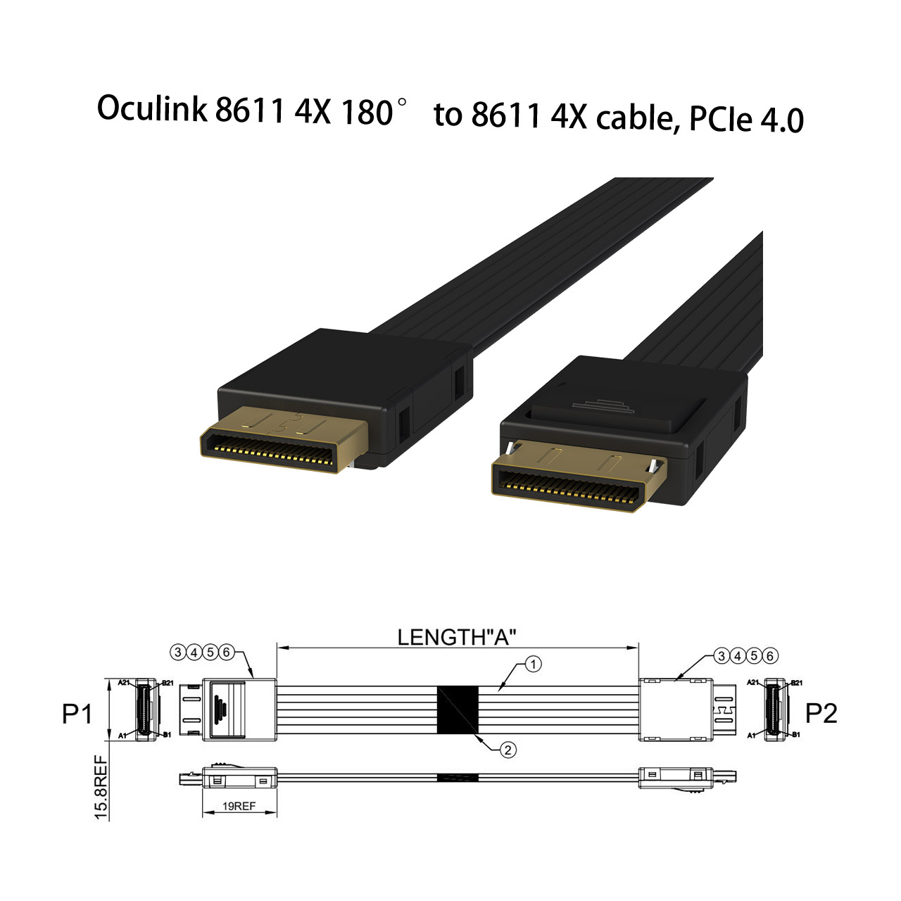 Oculink 8611 4X 180°转 8611 4X 排线, PCIE 4.0